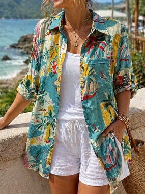 True Destinations Resort Wear Tropical Island Button Front Shirt Tunic Top L NWT